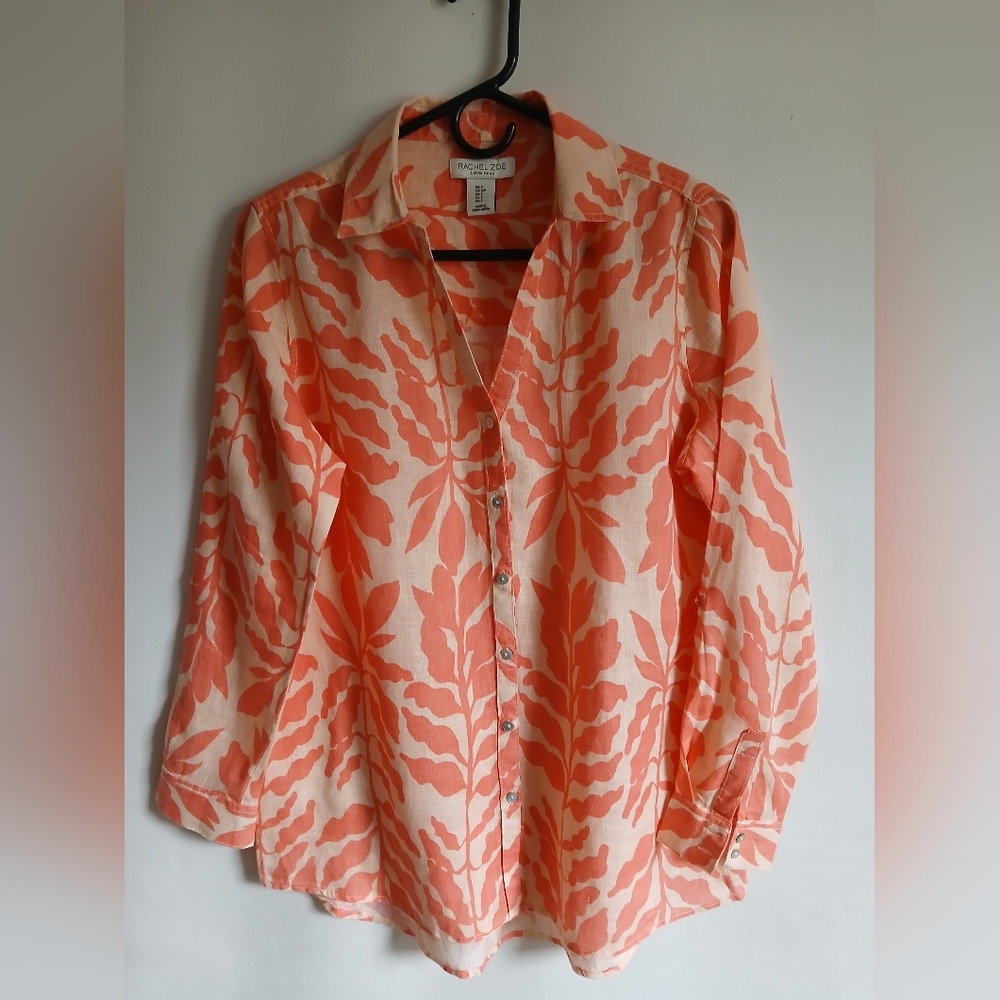 Rachel Zoe 100% Linen Orange Leaf Print Blouse SzSm Oversized Roll Tab Sleeve - Picture 2 of 9
